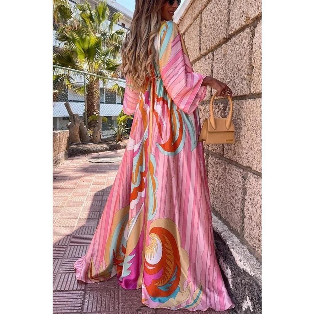 Pink Abstract Batwing Sleeve Elastic Waist Button Down Summer Maxi Dress Size XL - Picture 4 of 16